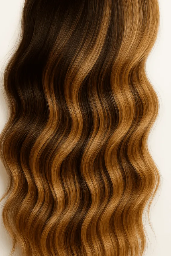 Cabello largo con ondas y highlights en tonos caramelo