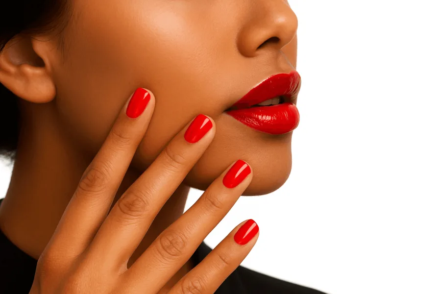 Manos con esmalte rojo y labios en el mismo tono