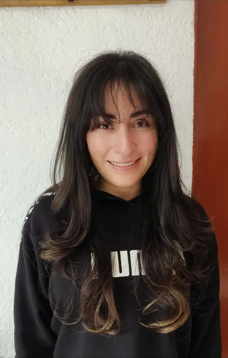Cabello largo castaño con capas y fleco cortina